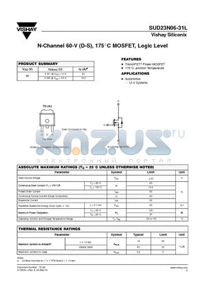 SUD23N06-31L datasheet - N-Channel 60-V (D-S), 175C MOSFET, Logic Level