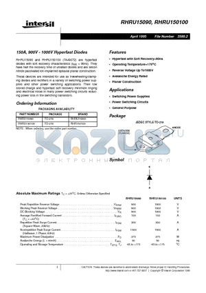 RHRU15090 datasheet - 150A, 900V - 1000V Hyperfast Diodes