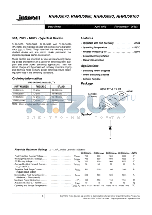 RHRU5070 datasheet - 50A, 700V - 1000V Hyperfast Diodes