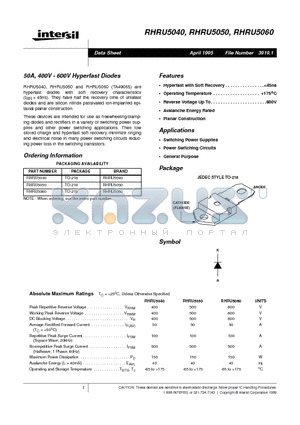 RHRU5050 datasheet - 50A, 400V - 600V Hyperfast Diodes