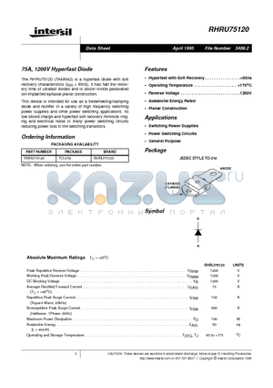 RHRU75120 datasheet - 75A, 1200V Hyperfast Diode