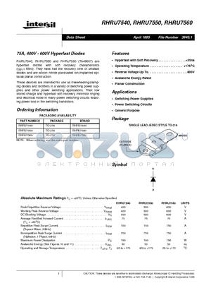 RHRU7550 datasheet - 75A, 400V - 600V Hyperfast Diodes