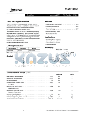 RHRU10060 datasheet - 100A, 600V Hyperfast Diode