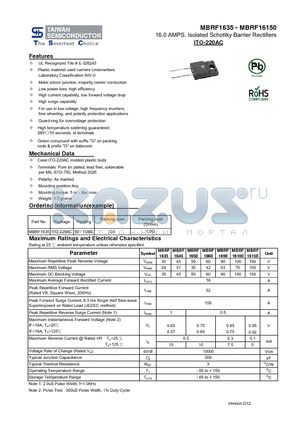 MBRF1635 datasheet - 16.0 AMPS. Isolated Schottky Barrier Rectifiers