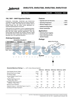 RHRU7590 datasheet - 75A, 700V - 1000V Hyperfast Diodes