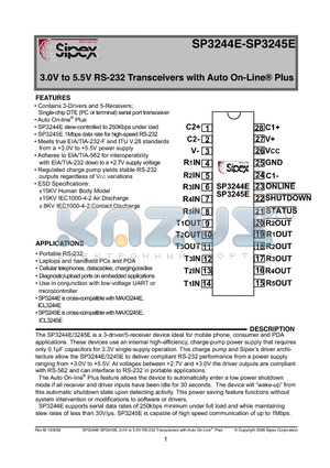 SP3245E datasheet - 3.0V to 5.5V RS-232 Transceivers with Auto On-Line^ Plus