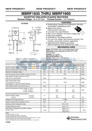 MBRF1645 datasheet - SCHOTTKY ISOLATED PLASTIC RECTIFIER