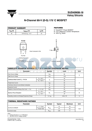 SUD40N08-16-E3 datasheet - N-Channel 80-V (D-S) 175 Degree Celcious MOSFET
