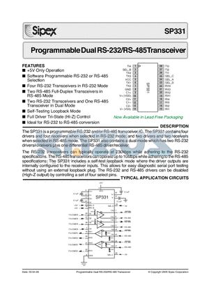 SP331 datasheet - Programmable RS-232/RS-485 Transceiver