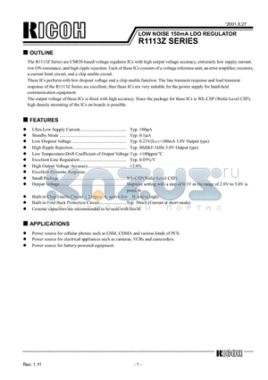 R1113Z201A-TL datasheet - LOW NOISE 150mA LDO REGULATOR