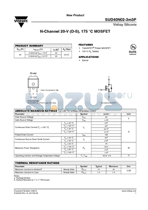 SUD40N02-3M3P-E3 datasheet - N-Channel 20-V (D-S), 175 `C MOSFET