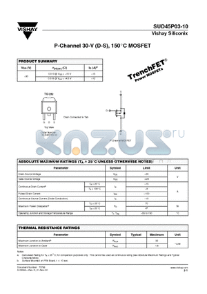 SUD45P03-10 datasheet - P-Channel 30-V  150C MOSFET
