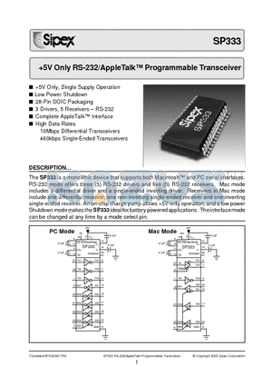 SP333 datasheet - 5V Only RS-232/AppleTalk Programmable Transceiver