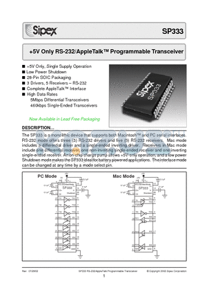 SP333 datasheet - 5V Only RS-232/AppleTalk Programmable Transceiver