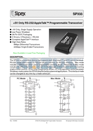 SP333CT datasheet - 5V Only RS-232/AppleTalk Programmable Transceiver