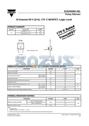 SUD45N05-20L datasheet - N-Channel 50-V (D-S), 175C MOSFET, Logic Level