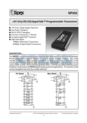 SP333ET datasheet - 5V Only RS-232/AppleTalk Programmable Transceiver