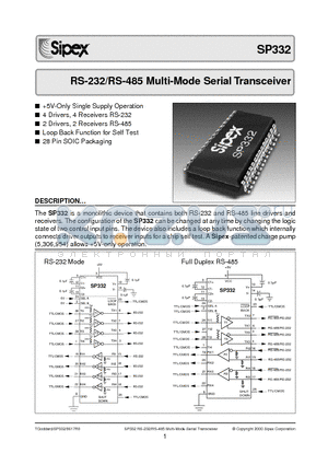 SP332 datasheet - RS-232/RS-485 Multi-Mode Serial Transceiver