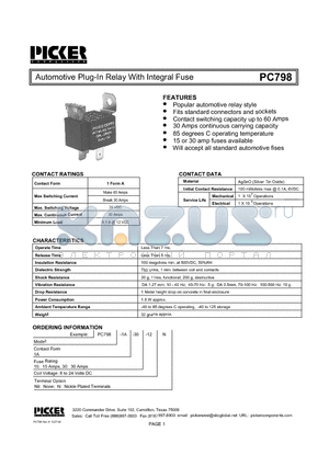 PC798 datasheet - Automotive Plug-In Relay With Integral Fuse