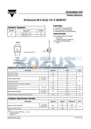 SUD50N02-04P-E3 datasheet - N-Channel 20-V (D-S) 175C MOSFET