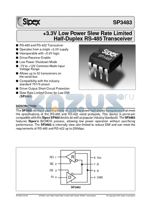 SP3483 datasheet - 3.3V Low Power Slew Rate Limited Half-Duplex RS-485 Transceiver