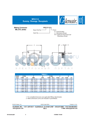 MS3115-20A datasheet - Dummy Stowage Receptacle