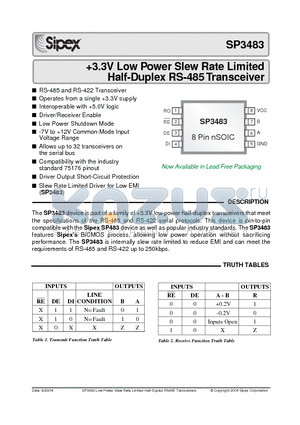 SP3483EN/TR datasheet - 3.3V Low Power Slew Rate Limited Half-Duplex RS-485 Transceiver