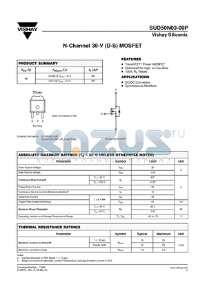 SUD50N03-09P datasheet - N-Channel 30-V (D-S) MOSFET