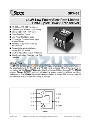 SP3483EN datasheet - 3.3V Low Power Slew Rate Limited Half-Duplex RS-485 Transceiver