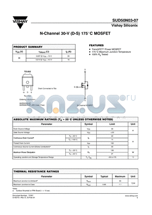 SUD50N03-07 datasheet - N-Channel 30-V (D-S) 175C MOSFET