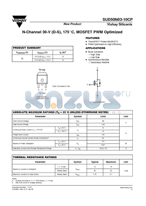 SUD50N03-10CP datasheet - N-Channel 30-V (D-S), 175 Degrees Celcious, MOSFET PWM Optimized