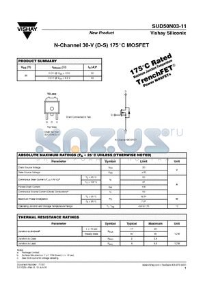 SUD50N03-11 datasheet - N-Channel 30-V (D-S) 175C MOSFET