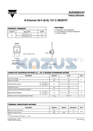 SUD50N03-07-E3 datasheet - N-Channel 30-V (D-S) 175C MOSFET