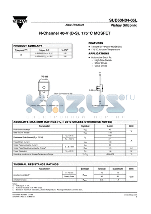 SUD50N04-05L datasheet - N-Channel 40-V (D-S), 175 C MOSFET