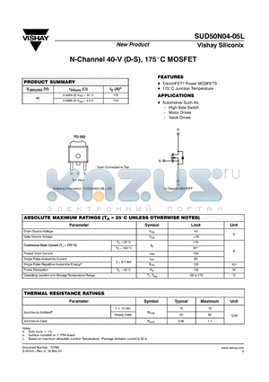 SUD50N04-05L-E3 datasheet - N-Channel 40-V (D-S), 175 C MOSFET