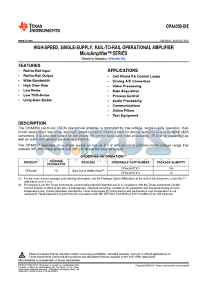 OPA4350-DIE datasheet - HIGH-SPEED, SINGLE-SUPPLY, RAIL-TO-RAIL OPERATIONAL AMPLIFIER