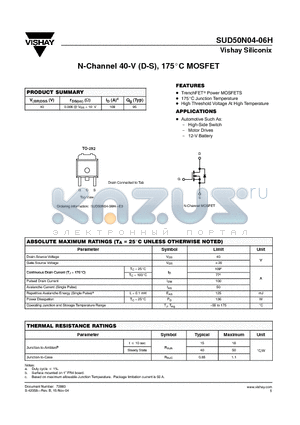 SUD50N04-06H datasheet - N-Channel 40-V (D-S), 175 MOSFET