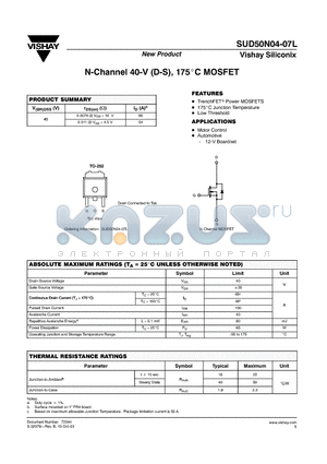 SUD50N04-07L datasheet - N-Channel 40-V (D-S), 175 Degree Celcious MOSFET