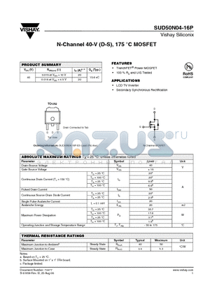 SUD50N04-16P datasheet - N-Channel 40-V (D-S), 175 `C MOSFET