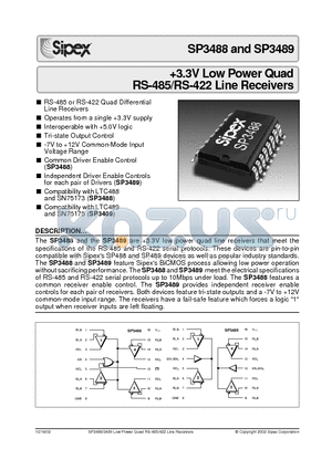 SP3488 datasheet - 3.3V Low Power Quad RS-485/RS-422 Line Receivers