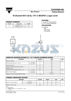 SUD50N06-09L datasheet - N-Channel 60-V (D-S), 175C MOSFET, Logic Level