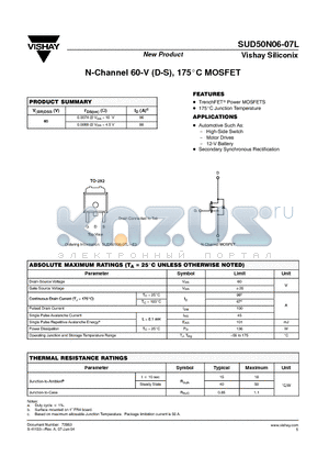 SUD50N06-07L-E3 datasheet - N-Channel 60-V (D-S), 175 C MOSFET