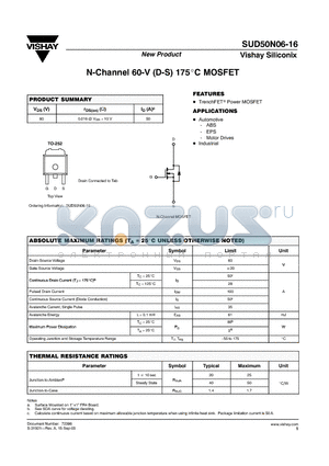 SUD50N06-16 datasheet - N-Channel 60-V (D-S) 175 Degreee Celcious MOSFET