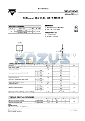 SUD50N06-36-E3 datasheet - N-Channel 60-V (D-S), 150 `C MOSFET
