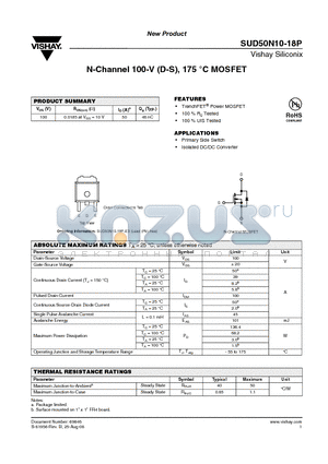 SUD50N10-18P datasheet - N-Channel 100-V (D-S), 175 `C MOSFET