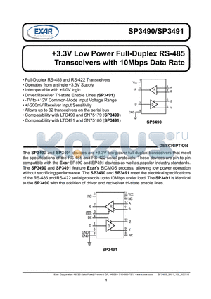 SP3491 datasheet - 3.3V Low Power Full-Duplex RS-485 Transceivers with 10Mbps Data Rate