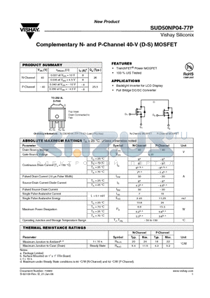 SUD50NP04-77P-T4-E3 datasheet - Complementary N- and P-Channel 40-V (D-S) MOSFET