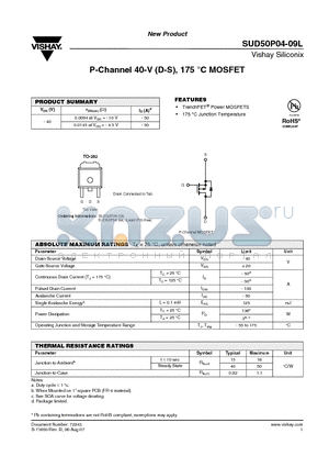 SUD50P04-09L datasheet - P-Channel 40-V (D-S), 175C MOSFET
