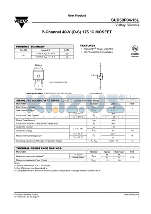 SUD50P04-13L datasheet - P-Channel 40-V (D-S) 175 `C MOSFET