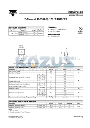 SUD50P04-23 datasheet - P-Channel 40-V (D-S), 175 `C MOSFET